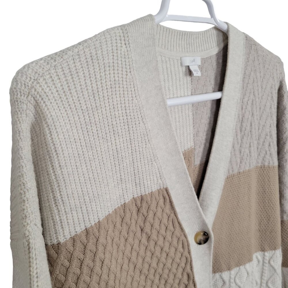 J Jill Size 2X Cardigan V-neck Sweater Multi Knit Color Block Textured Tan Cream - Picture 6 of 8